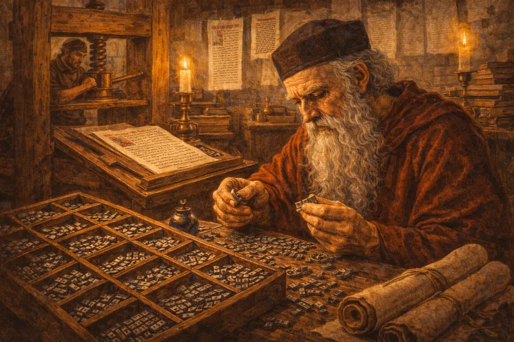 Gutenberg przy pracy — wynalazca ruchomej czcionki przy prasie drukarskiej